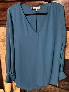 Jennifer Lopez Womens Blue V Neck Long Sleeve Blouse Size XL